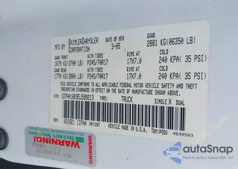 2005 Dodge Ram 1500 St z USA, uszkodzony, nr VIN 1D7HA16K95J599213